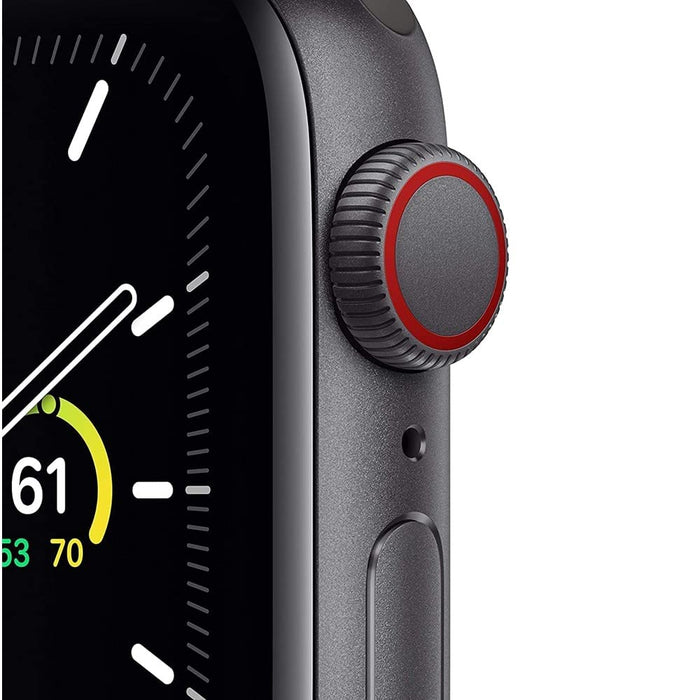 Apple Watch SE (44 mm, solo GPS) Caja de aluminio gris espacial de 1,78" con correa negra (Excelente - Reacondicionado, gris espacial)