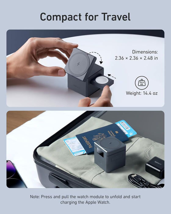 Anker MagGo Charger Stand 3-in-1 Qi2 Cube , 15W Foldable w/ 40W Cube USA (Renewed) (Renewed | Like New, Black)