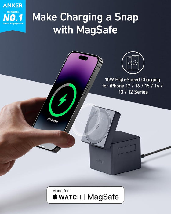 Anker MagGo Charger Stand 3-in-1 Qi2 Cube , 15W Foldable w/ 40W Cube USA (Renewed) (Renewed | Like New, Black)