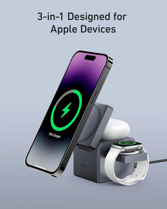 Anker MagGo Charger Stand 3-in-1 Qi2 Cube , 15W Foldable w/ 40W Cube USA (Renewed) (Renewed | Like New, Black)
