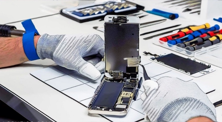Technician repairing a renewed phone. The technician is wearing safety gloves and is working on the phone's display.