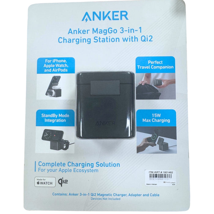 Anker MagGo Charger Stand 3-in-1 Qi2 Cube , 15W Foldable w/ 40W Cube USA (Renewed) (Renewed | Like New, Black)