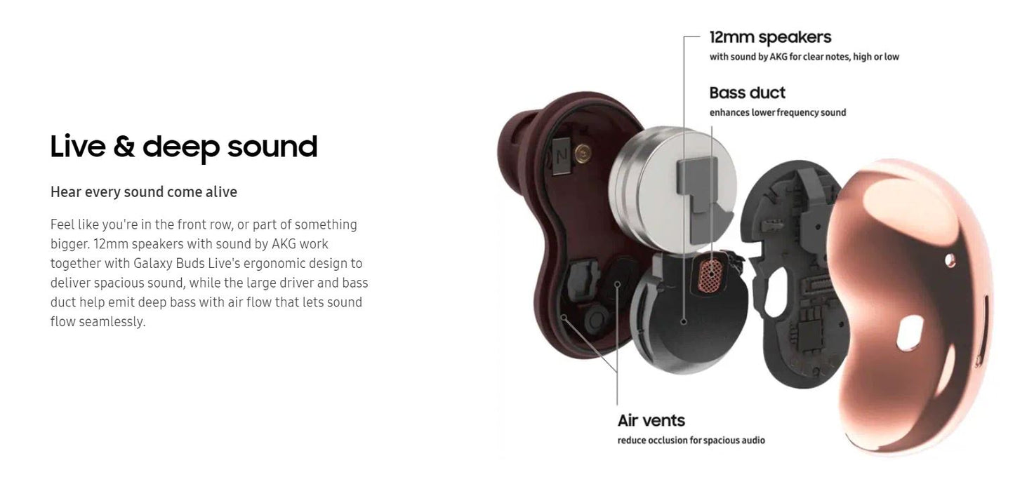 Auriculares inalámbricos Samsung Galaxy Buds Live SM-R180 con cancelación activa de ruido (modelos iOS y Android) (excelentes, reacondicionados, bronce místico)