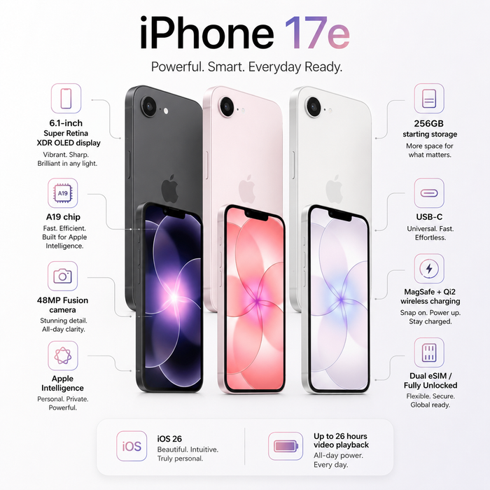 Apple iPhone 17e (256GB, 8GB) 6.1", iOS 26, Fully Unlocked Global Dual eSIM USA (Renewed | Like New)