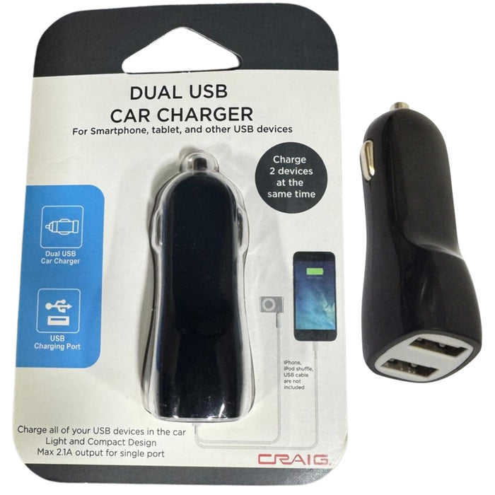 Craig Dual 2.1A Fast USB Car Charger For iPhone, Samsung, Black (3 PACK)