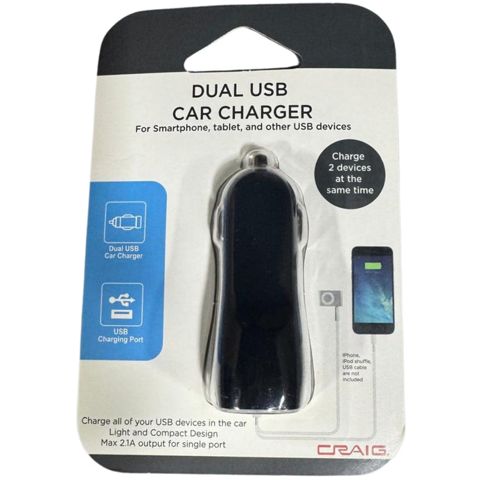 Craig Dual 2.1A Fast USB Car Charger Smartphone For iPhone, Samsung, Black ()