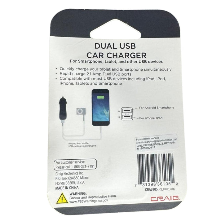 Craig Dual 2.1A Fast USB Car Charger For iPhone, Samsung, Black (3 PACK)