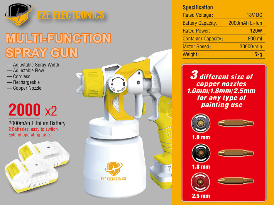 EZE Electronics Multi-Function Spray Gun Cordless Portable Handheld Disinfection (Yellow and White)