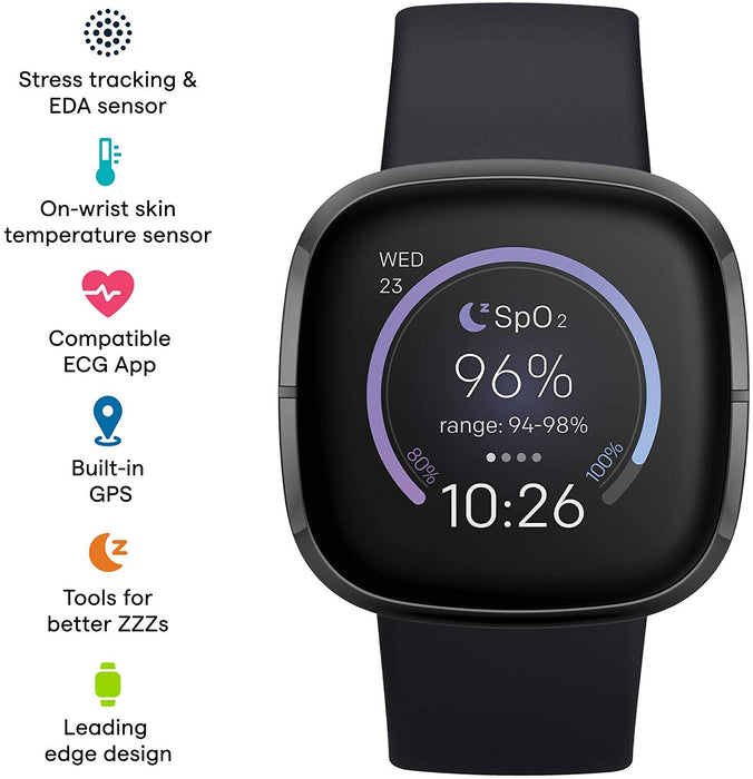 Fitbit Sense Health & Fitness Smartwatch W/ ECG, Stress Sensor, Heart Rate, SpO2 (Good - Refurbished, Carbon/Graphite)