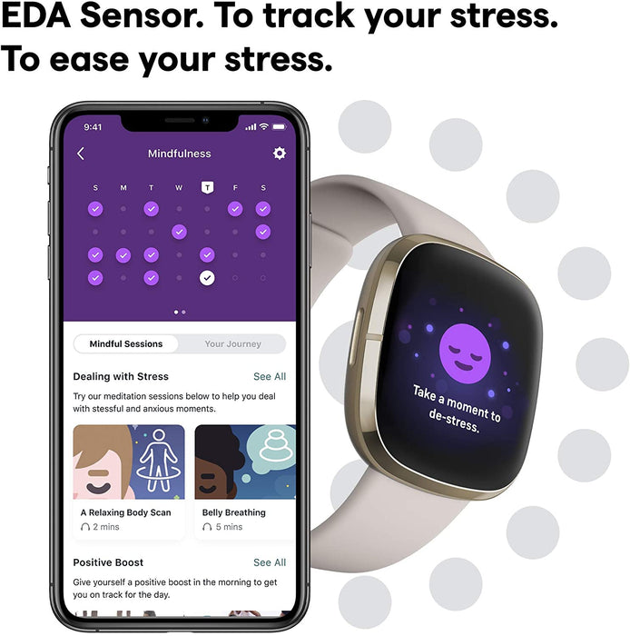 Reloj inteligente Fitbit Sense para la salud y el fitness con ECG, sensor de estrés, frecuencia cardíaca y SpO2 (excelente, reacondicionado, blanco y dorado)