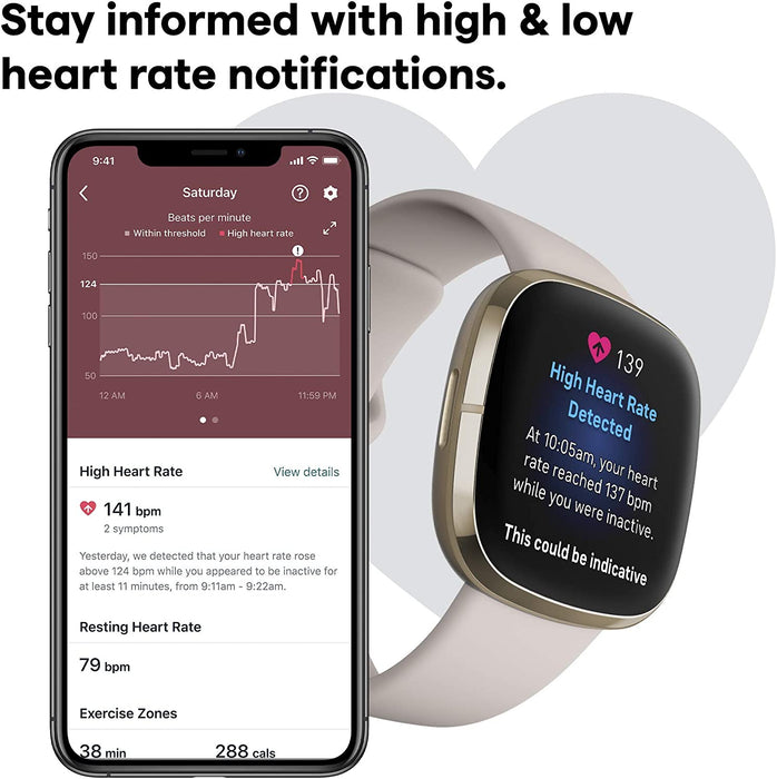 Reloj inteligente Fitbit Sense para la salud y el fitness con ECG, sensor de estrés, frecuencia cardíaca y SpO2 (excelente, reacondicionado, blanco y dorado)