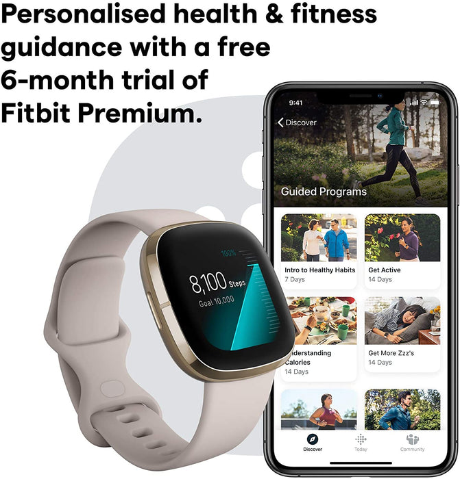 Reloj inteligente Fitbit Sense para la salud y el fitness con ECG, sensor de estrés, frecuencia cardíaca y SpO2 (excelente, reacondicionado, blanco y dorado)