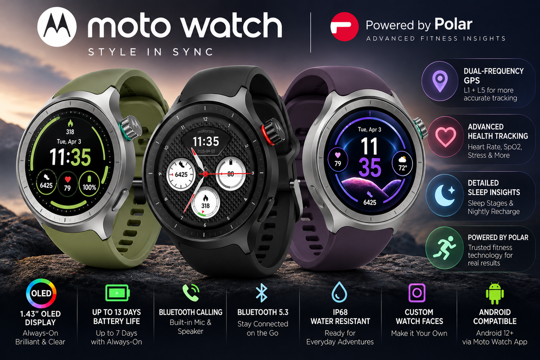 Moto Watch OLED 2026 (47mm) 1.43" GPS, Polar Fitness, Bluetooth XT2547