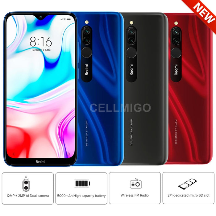 Xiaomi Redmi 8 con batería de 24 horas (64 GB, 4 GB), pantalla de 6,2", doble SIM, GSM, desbloqueado, 4G LTE global