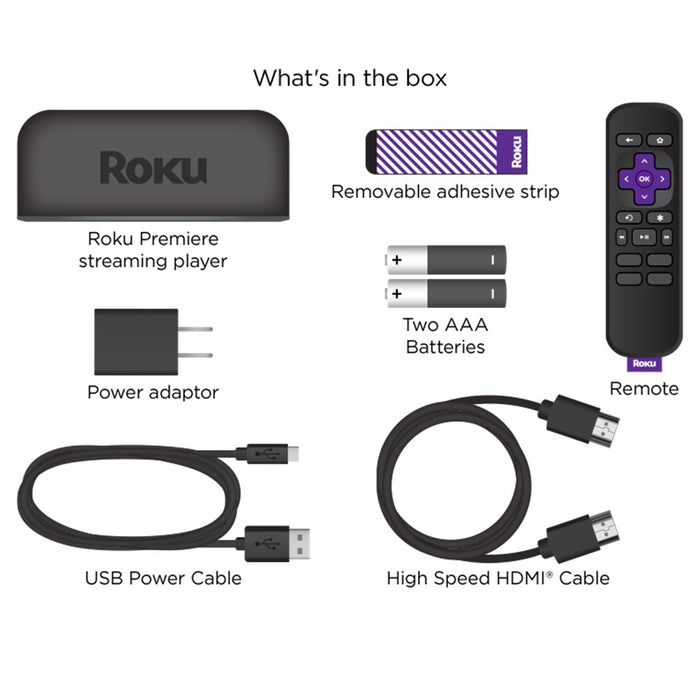 Reproductor multimedia de transmisión Roku Premiere HD/4K/HDR con control remoto y cable HDMI 3920R (negro)