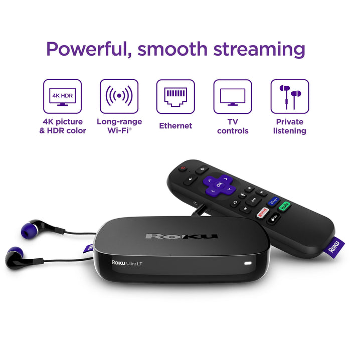 Roku Ultra LT 2023 4K/HDR Streaming Player, Voice Remote & Headphones (Excellent - Refurbished, Black)