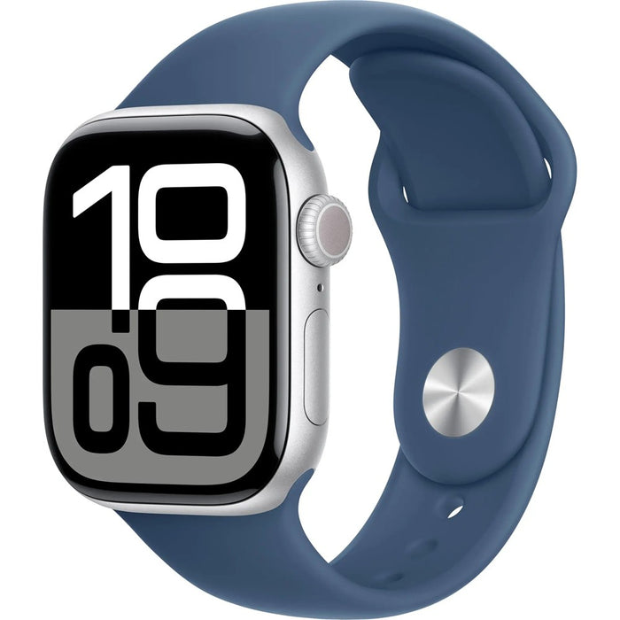Apple Watch Series 10 (42mm, GPS+Cellular) 1.77" Fully Unlocked w/ Aluminum Case (Renewed | Pre-Loved, Silver Aluminum Case with Denim Blue Sport Band)
