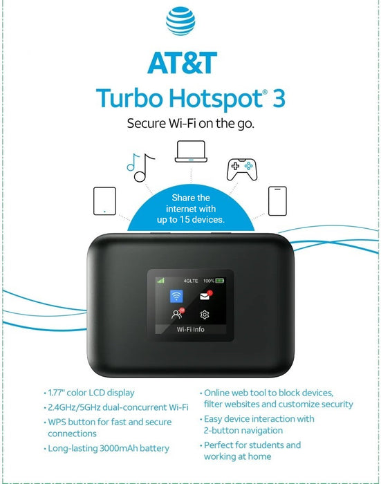 AT&T Turbo Hotspot 3 Mobile Hotspot Router, AT&T Locked (Excellent - Refurbished, Black)