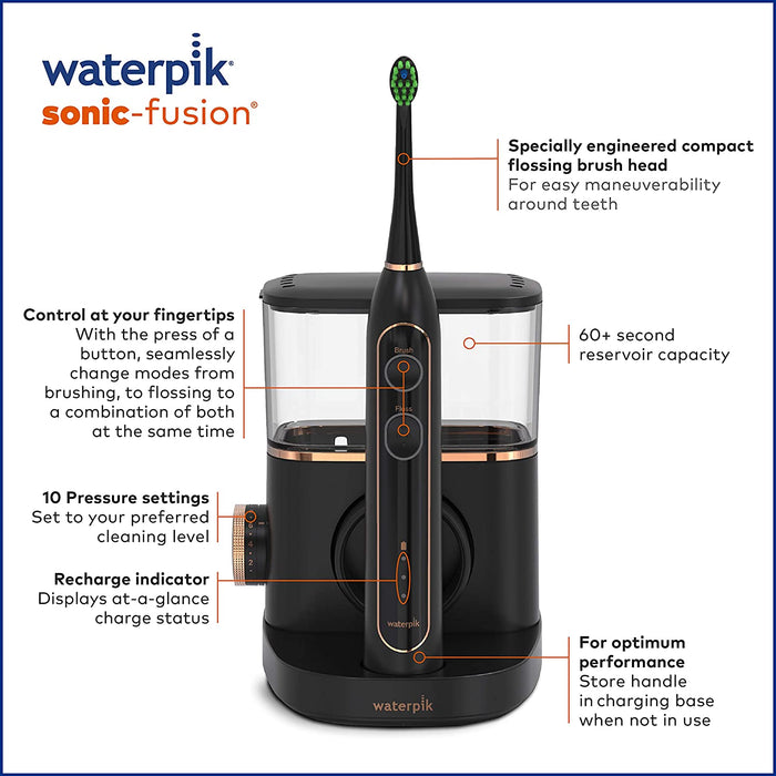 Cepillo de dientes eléctrico con hilo dental profesional Waterpik Sonic-Fusion - NEGRO (Negro)