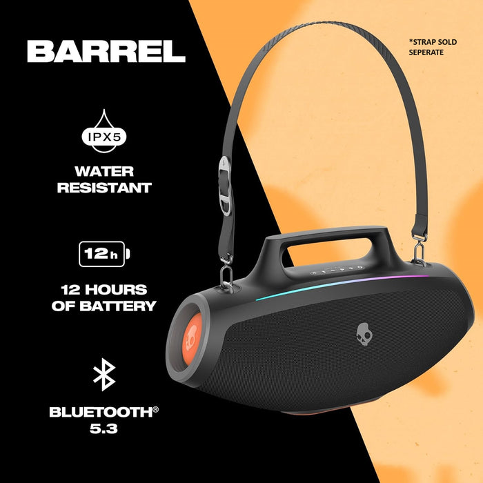 Skullcandy Barrel Bluetooth Boombox Water-Resist Speaker, LED Lightshow, 12 Hour (Black)