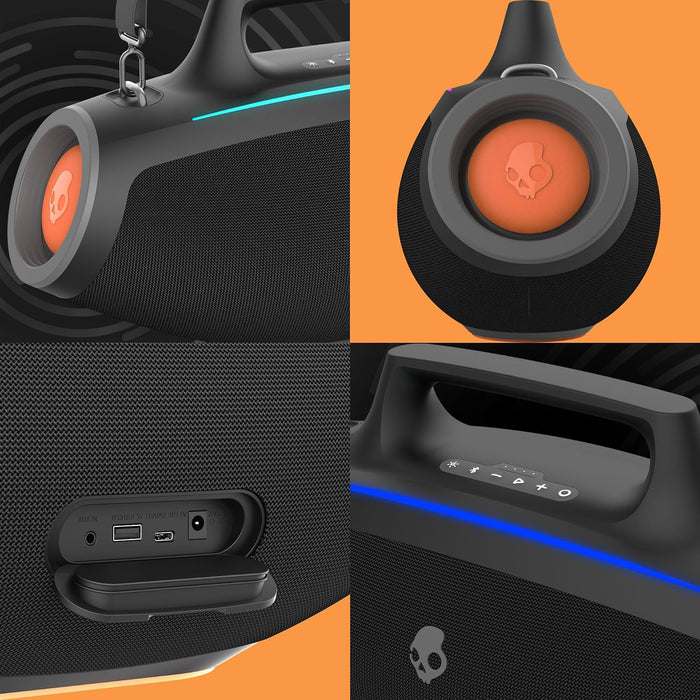 Altavoz Bluetooth Boombox resistente al agua Skullcandy Barrel, luces LED, 12 horas de duración (excelente, reacondicionado, negro)